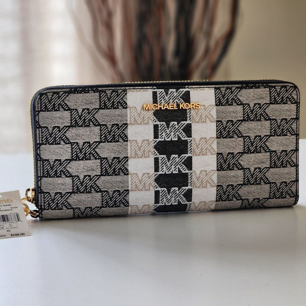 NEW! MICHAEL KORS Jet Set Travel Large Striped Logo Continental Wallet